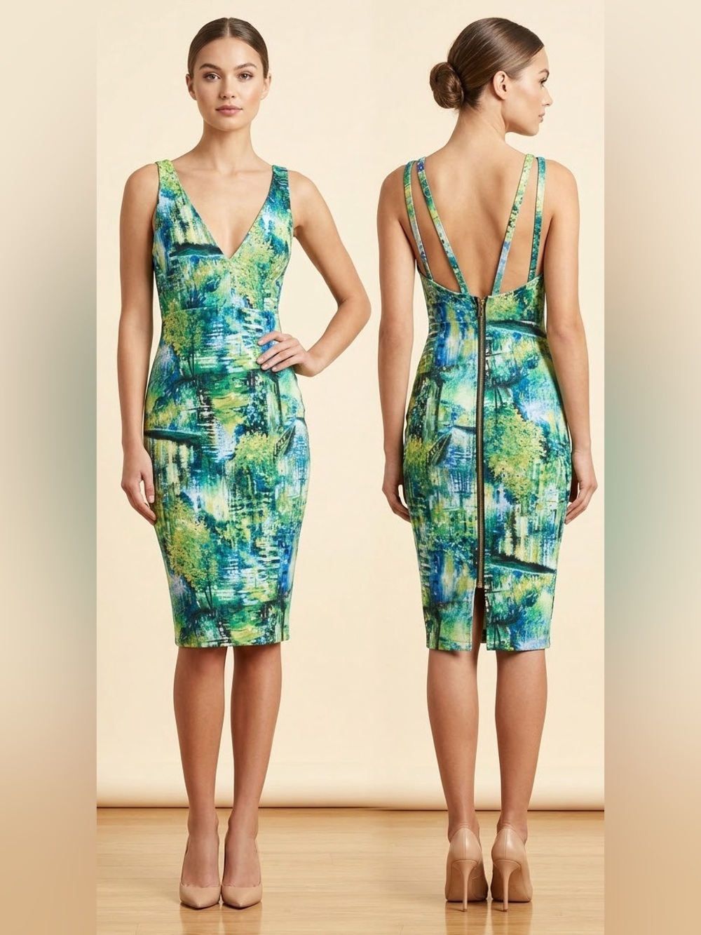 Caribbean Queen Tropical Green and Blue Backless Dress
